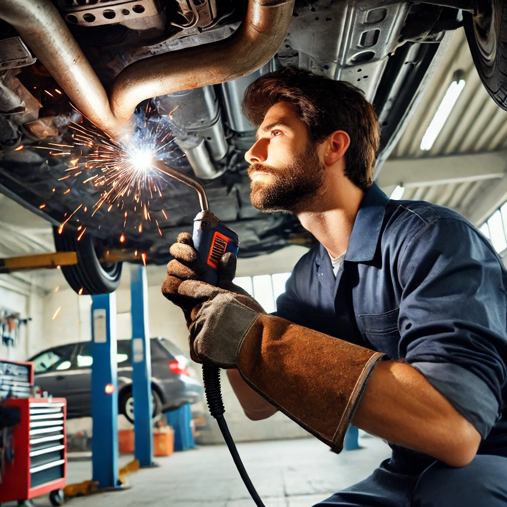 Mechanic Nation technician inspecting an exhaust system