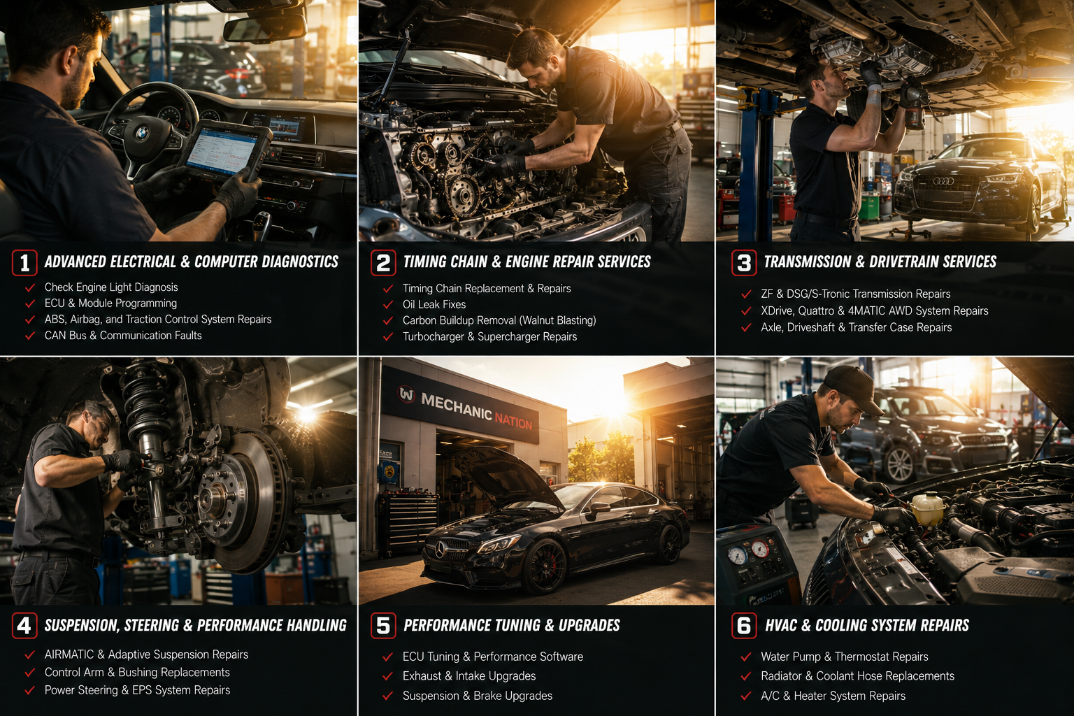 Overview of Mechanic Nation general services: diagnostics, engine repair, transmission, suspension, performance tuning, and HVAC