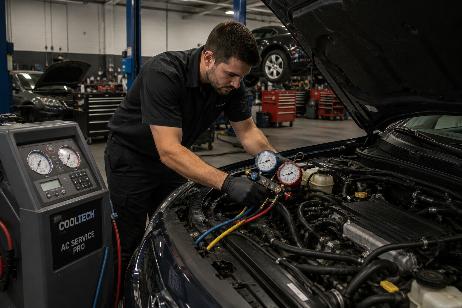 Mechanic Nation technician recharging vehicle A/C refrigerant
