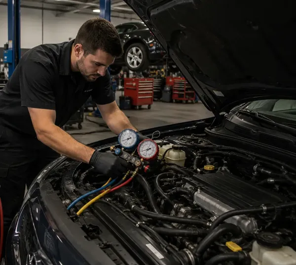 Mechanic Nation technician recharging vehicle A/C refrigerant