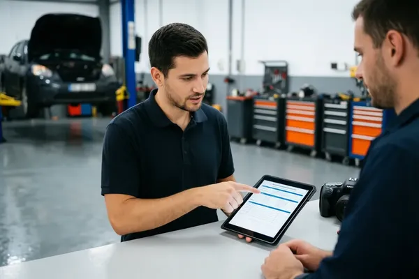 Mechanic Nation technician scanning a German SUV with a diagnostic tablet