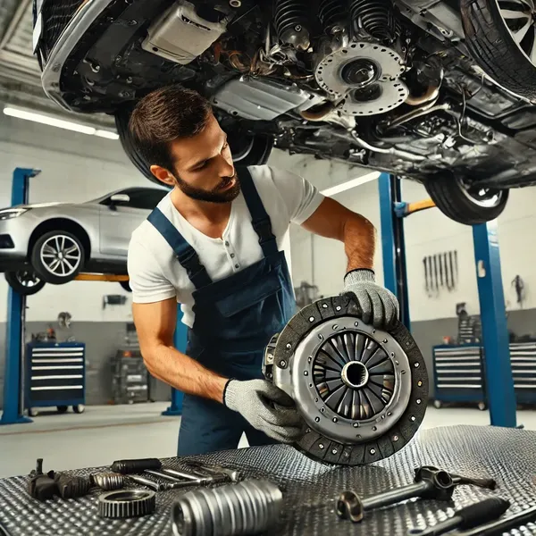 Mechanic Nation technician inspecting a clutch assembly for a manual MINI Cooper